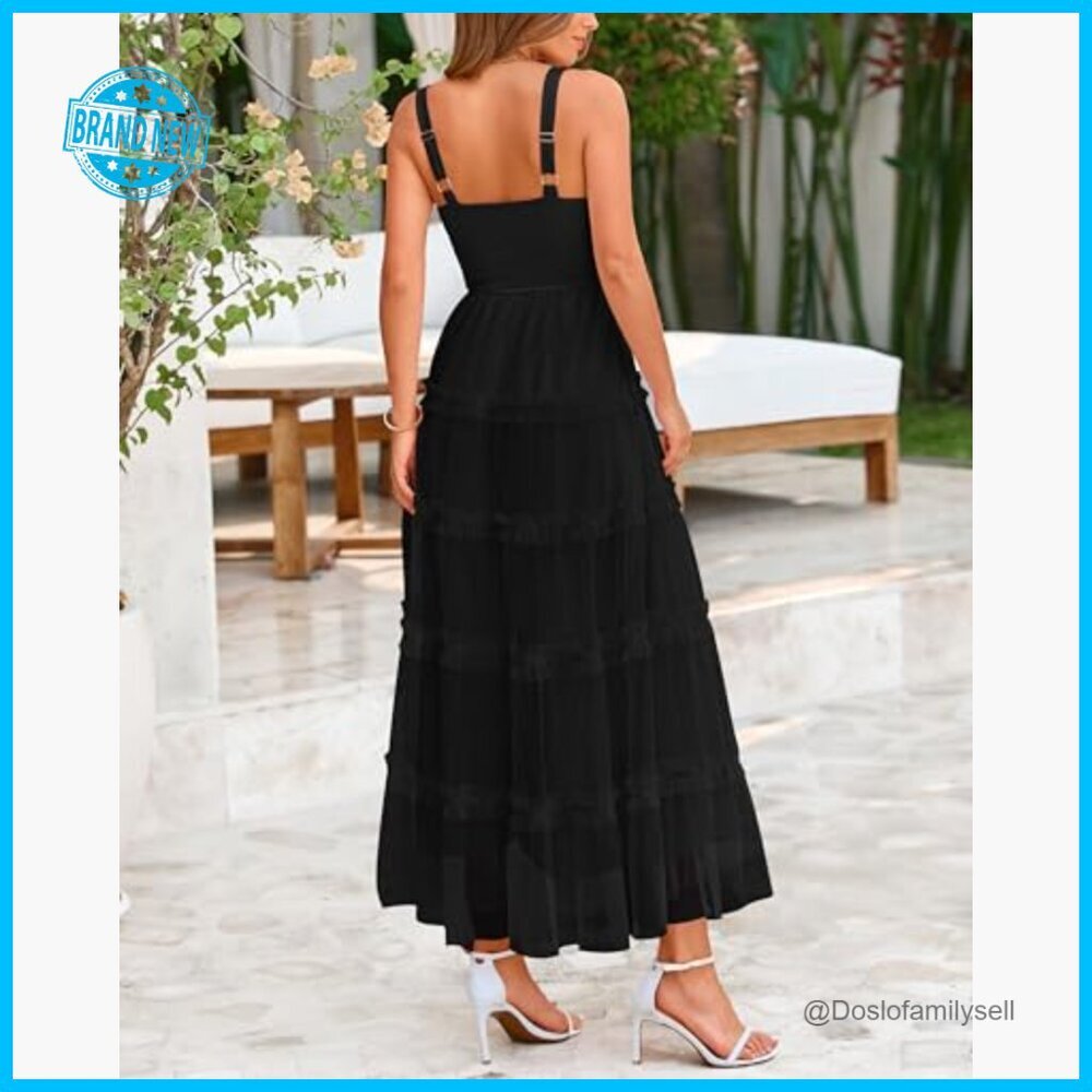 Sleeveless Smocked Tiered Ruffle Tulle A-Line Maxi Dress Elegant Boho Wedding - Picture 5 of 7